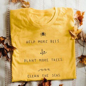 yellow gold short sleeved t shirt, bees trees seas